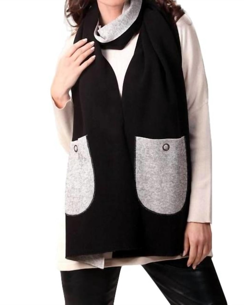 Front of a model wearing a size one-size-fits-all 2-Tone Reversible Pocket Shawl In Black/Stone in Black/Stone by ANGEL. | dia_product_style_image_id:351958